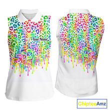 Load image into Gallery viewer, Womens Sleeveless Golf Polo Shirts Colorful Neon Watercolor Leopard Custom Name White Golf Shirts NBT509