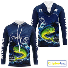 Load image into Gallery viewer, Front and back view Mahi Mahi Fishing Custom performance long sleeve hooded fishing shirt, custom Mahi Mahi fishing shirt with UPF protection