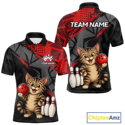 Front and Back view of custom red funny cat men’s bowling team polo shirt