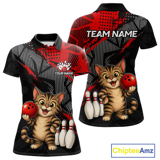 Front and back view of custom red funny cat women’s bowling team polo shirt