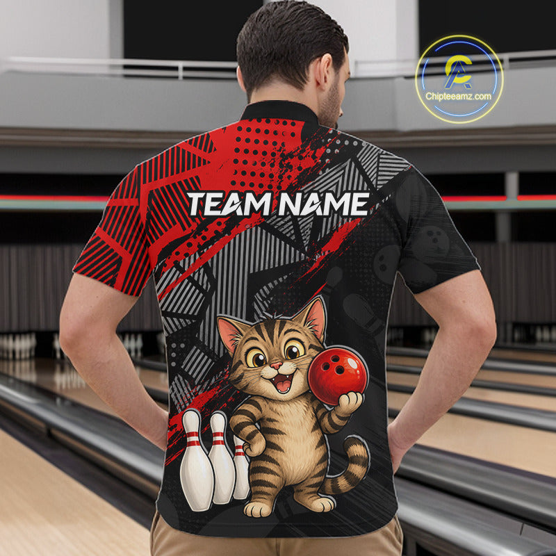 man bowler wearing custom red funny cat bowling team polo shirt on the lanes - back view