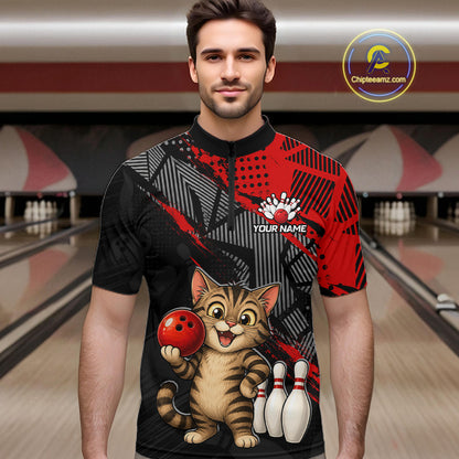 man bowler wearing custom red funny cat bowling team 1/4 quarter-zip shirt on the lanes
