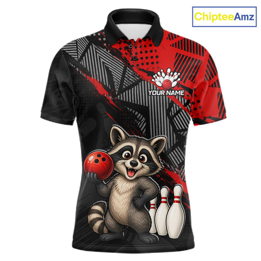 Front view of custom red funny raccoon men’s bowling team polo shirt