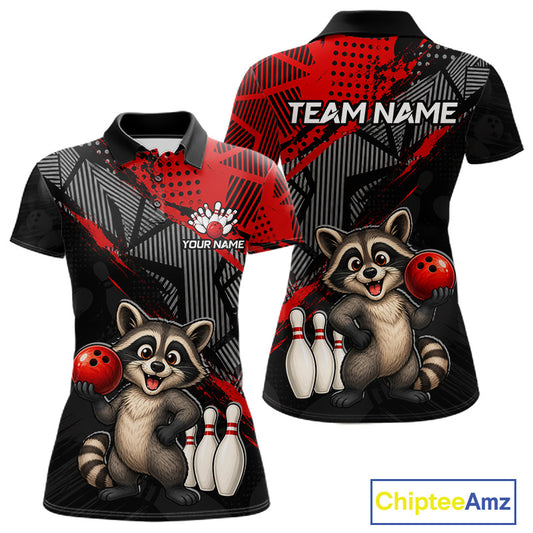 Front and back view of custom red funny raccoon women’s bowling team polo shirt