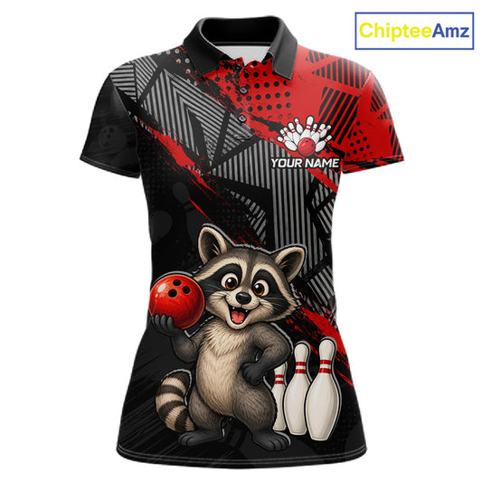 Front view of custom red funny raccoon bowling shirt for women in team polo style