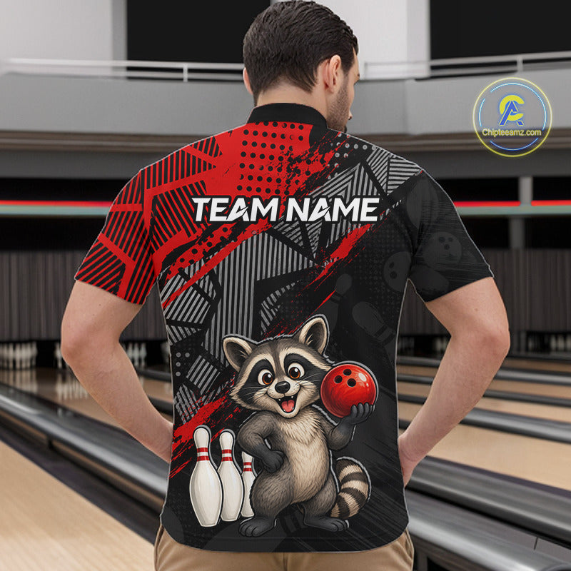 man bowler wearing custom red funny raccoon bowling team 1/4 quarter-zip shirt on the lanes