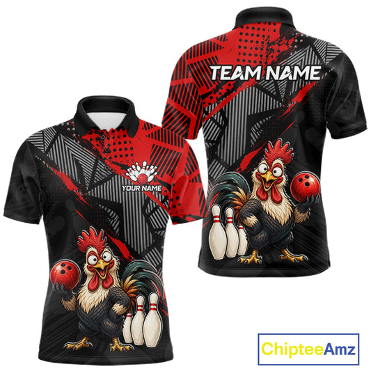 Front and Back view of custom red funny raccoon men’s bowling team polo shirt