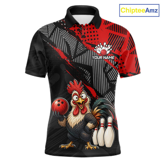 Front view of custom red funny rooster men’s bowling team polo shirt