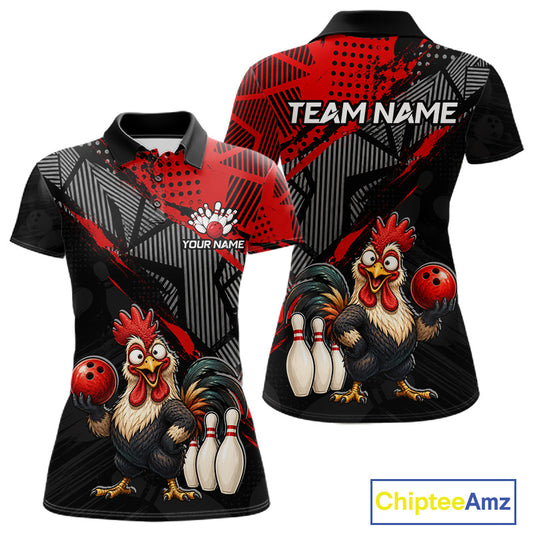 Custom Red Funny Rooster Bowling Shirt For Women Bowling Jersey Polo & Quarter-Zip Bowling Outfit NBT927
