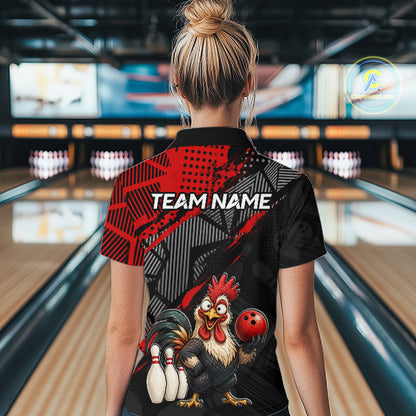 Custom Red Funny Rooster Bowling Shirt For Women Bowling Jersey Polo & Quarter-Zip Bowling Outfit NBT927