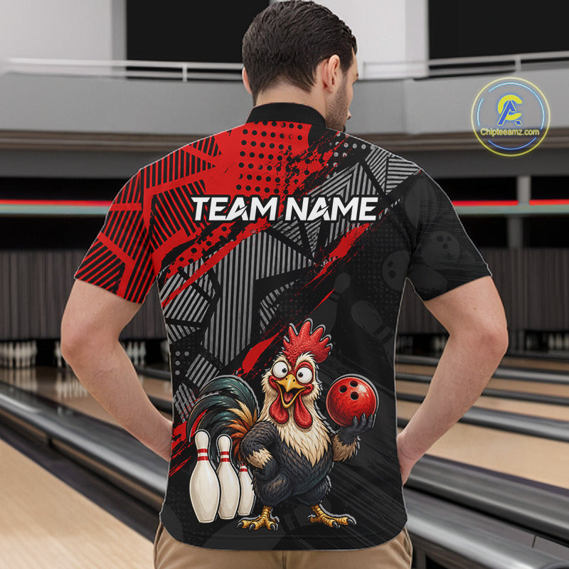 man bowler wearing custom red funny rooster bowling team 1/4 quarter-zip shirt on the lanes