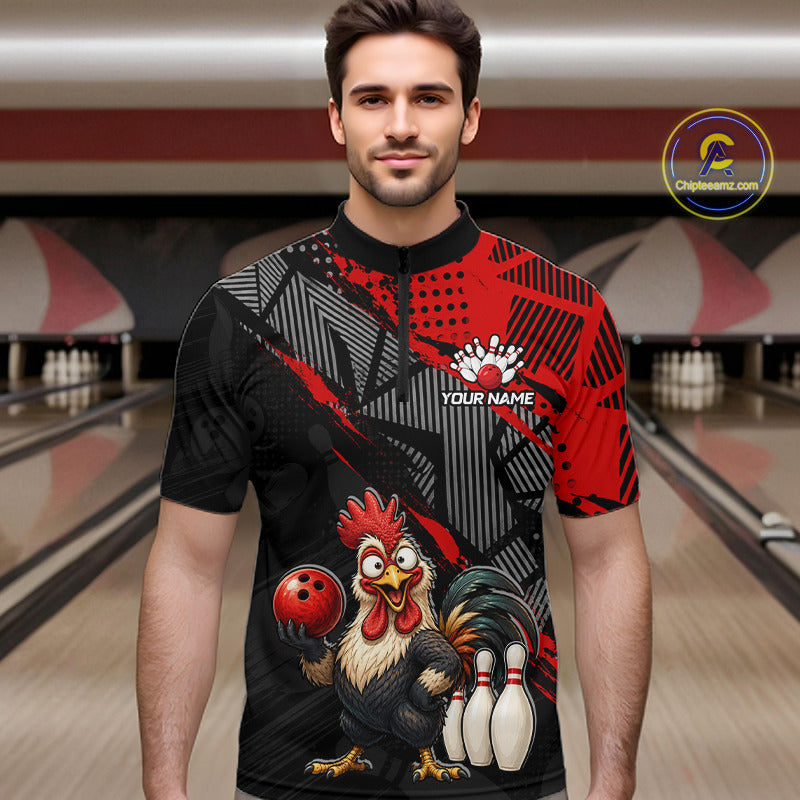 man bowler wearing custom red funny rooster bowling team 1/4 quarter-zip shirt on the lanes