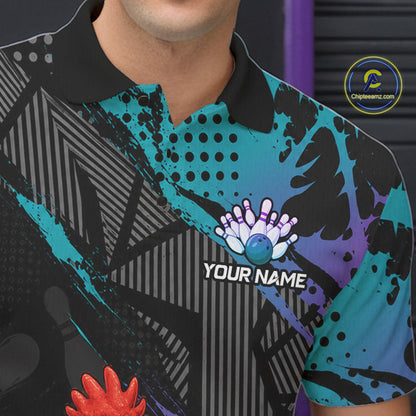 Custom Neon Blue Purple Funny Rooster Bowling Men Polo & 1/4 Quarter Zip Shirt, Bowling Team NBT932