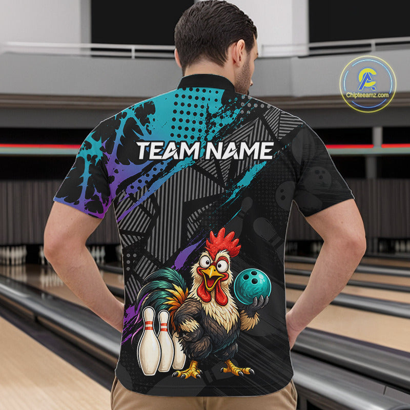 Custom Neon Blue Purple Funny Rooster Bowling Men Polo & 1/4 Quarter Zip Shirt, Bowling Team NBT932