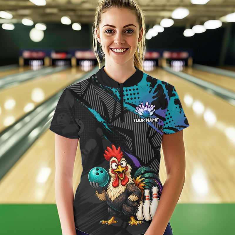 Custom Neon Blue Purple Funny Rooster Bowling Women Polo & 1/4 Quarter Zip Shirt, Bowling Team NBT932