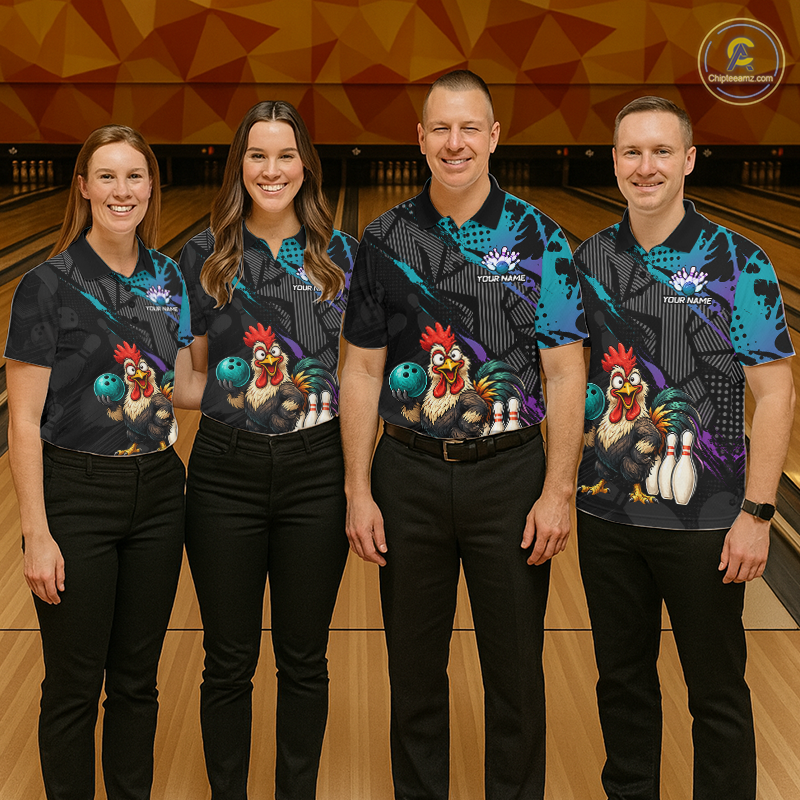 Custom Neon Blue Purple Funny Rooster Bowling Men Polo & 1/4 Quarter Zip Shirt, Bowling Team NBT932