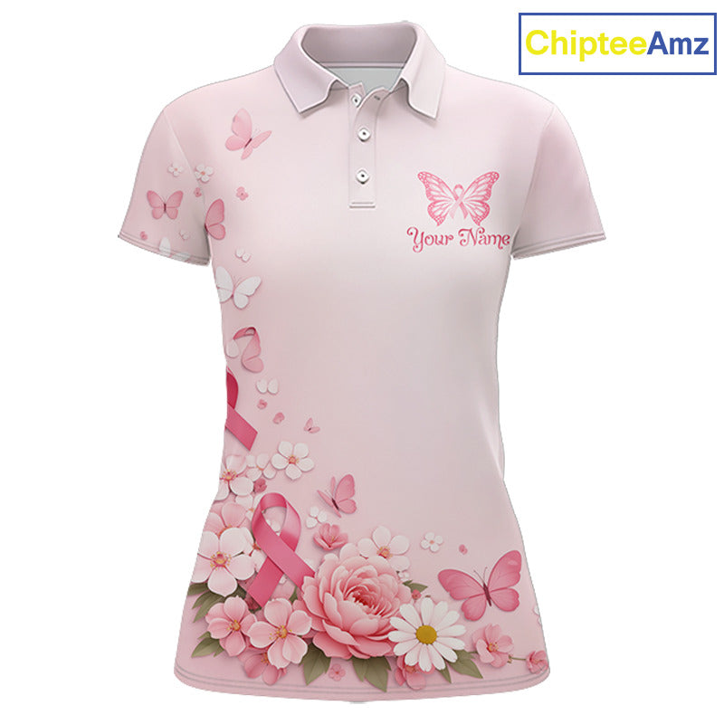Custom Name Pink Butterfly Floral Pattern Breast Cancer Month Lady Golfer Women's Polo Shirt NBT529