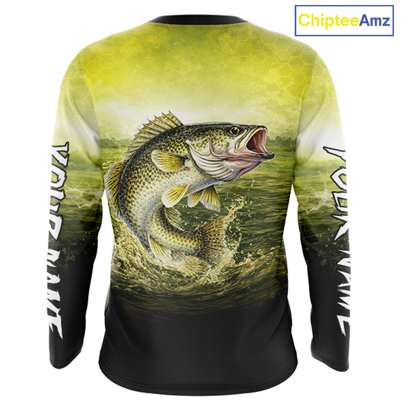 Yellow Walleye Fishing UV Protection Long Sleeve Fishing Shirts, Custom Walleye Fishing Shirts NBT400