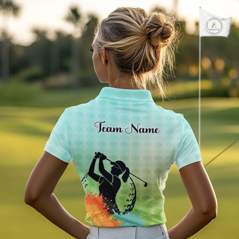 Womens Golf Polo Shirt Colorful Argyle Pattern Custom Name And Team Name Golf Shirt, Golfing Gifts NBT559