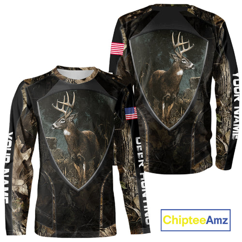 Whitetail Deer Hunting Camo US Flag 3D All Over Printed Shirts, Best Deer Hunting Gifts for Men NBT222