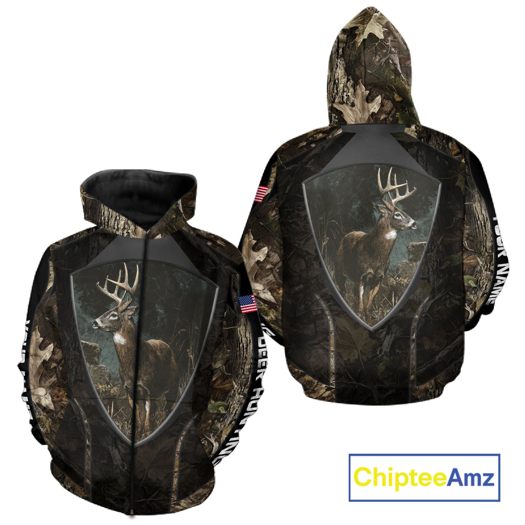 Whitetail Deer Hunting Camo US Flag 3D All Over Printed Shirts, Best Deer Hunting Gifts for Men NBT222