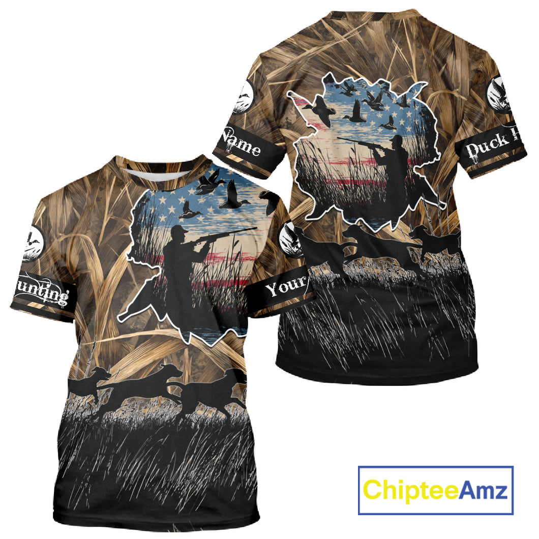 Custom Duck Hunting Camo USA Flag Custom Name 3D Printing Shirts, Duck Hunting Shirts NBT148