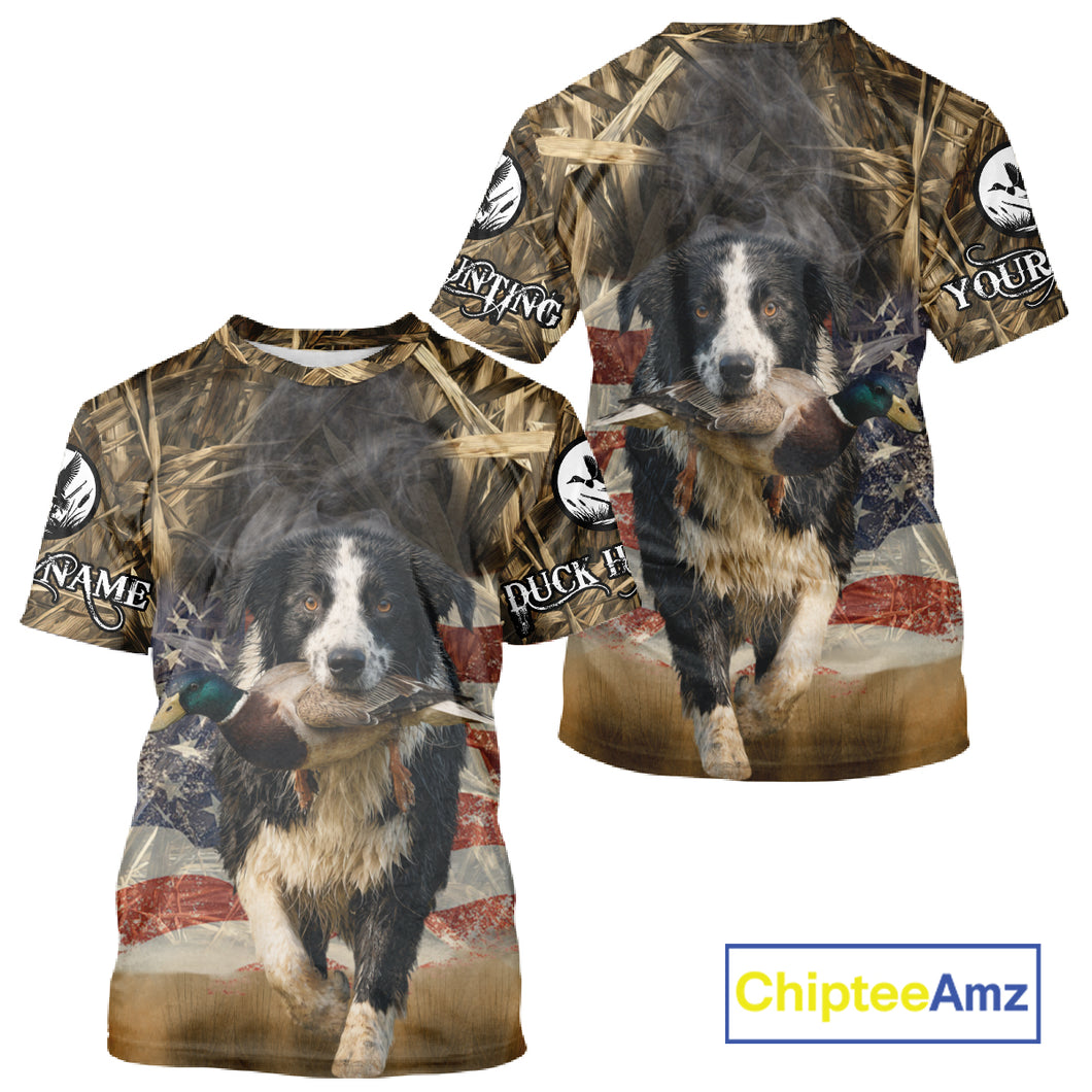 Border Collies Duck Hunting USA Flag Customized Name All Over Printed Shirts, Hunting Gifts NBT153