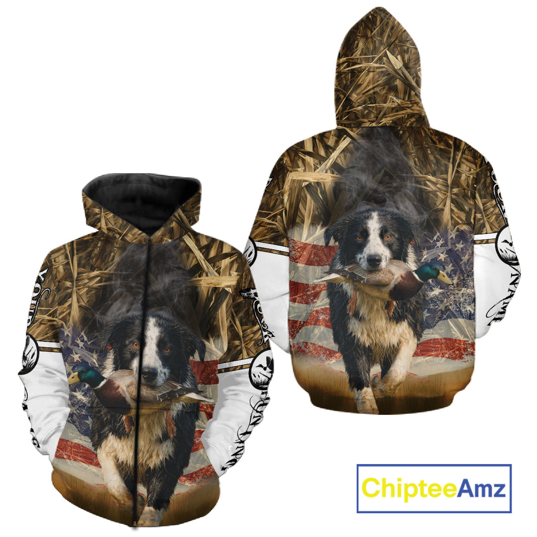 Border Collies Duck Hunting USA Flag Customized Name All Over Printed Shirts, Hunting Gifts NBT153