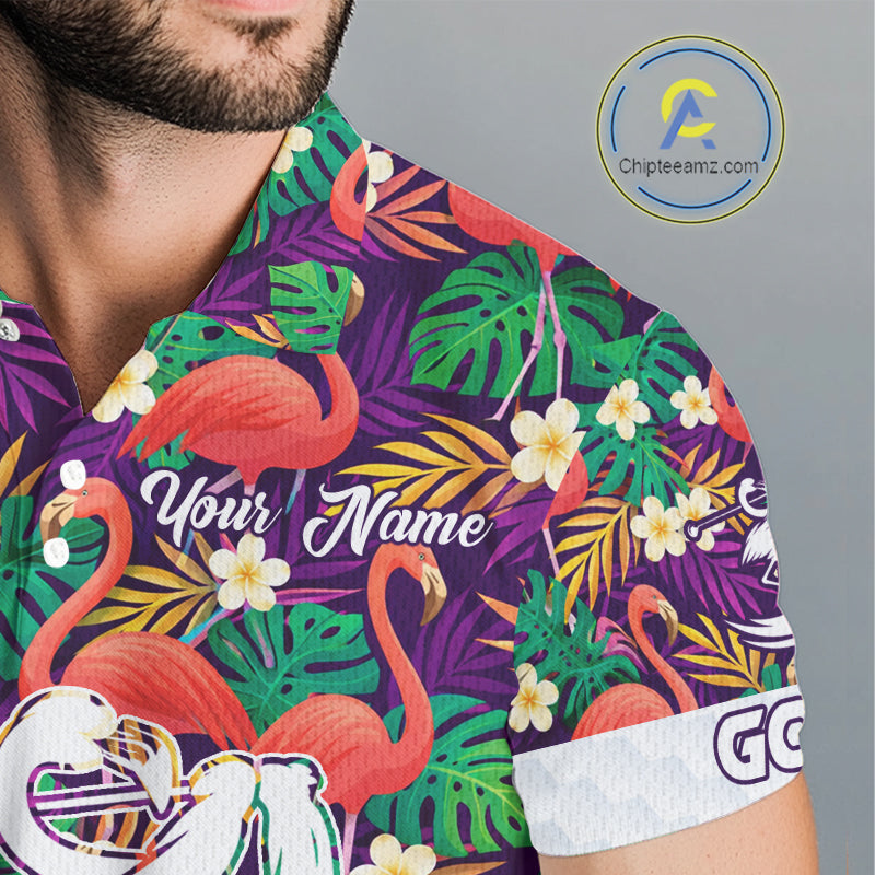 Men Golf Polo Shirts Colorful Floral Flamingo Pattern Tropical Leaves Custom Name Team Golf Shirts NBT524