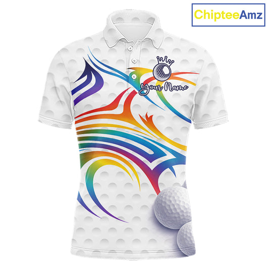Rainbow Color Mens Golf Polo Shirts Golf Ball Pattern Custom Name, White Golf Shirt For Men NBT545