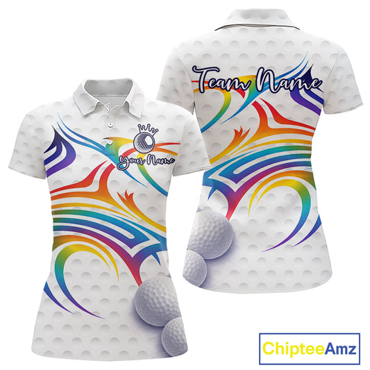 Rainbow Color Womens Golf Polo Shirts Golf Ball Pattern Custom Name, White Golf Shirt For Ladies NBT545
