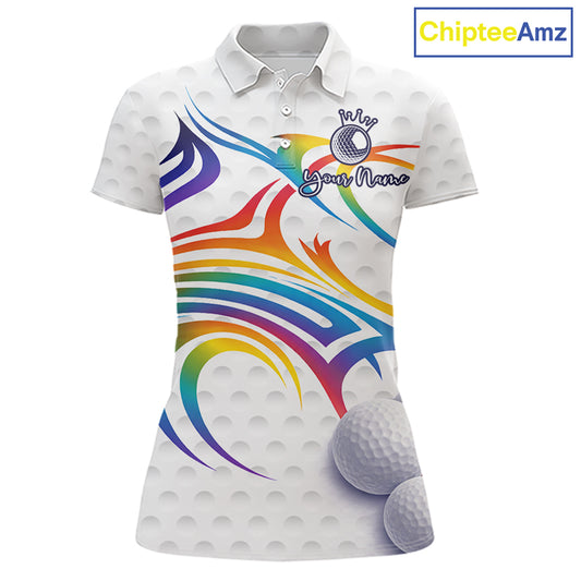 Rainbow Color Womens Golf Polo Shirts Golf Ball Pattern Custom Name, White Golf Shirt For Ladies NBT545