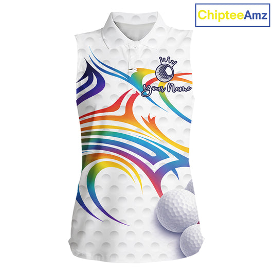 Rainbow Color Womens Sleeveless Golf Polo Shirts Golf Ball Pattern Custom Name, White Golf Shirt For Women NBT545