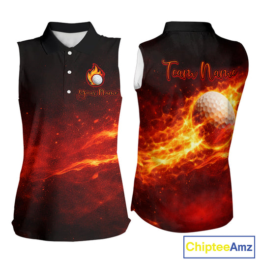 Womens Sleeveless Golf Polo Shirts Golf Ball Fire Custom Name, Golf Shirts For Women, Ladies Golf Top NBT548