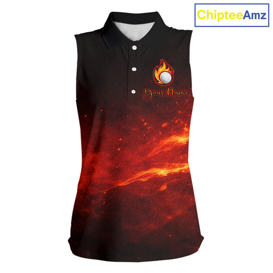 Womens Sleeveless Golf Polo Shirts Golf Ball Fire Custom Name, Golf Shirts For Women, Ladies Golf Top NBT548