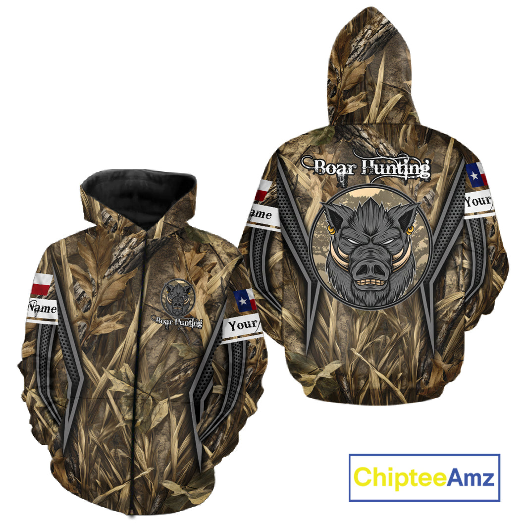 Texas Flag Wild Boar Hunting Camo Custom Name Shirts, TX Hog Hunting Shirt for Hunter NBT174