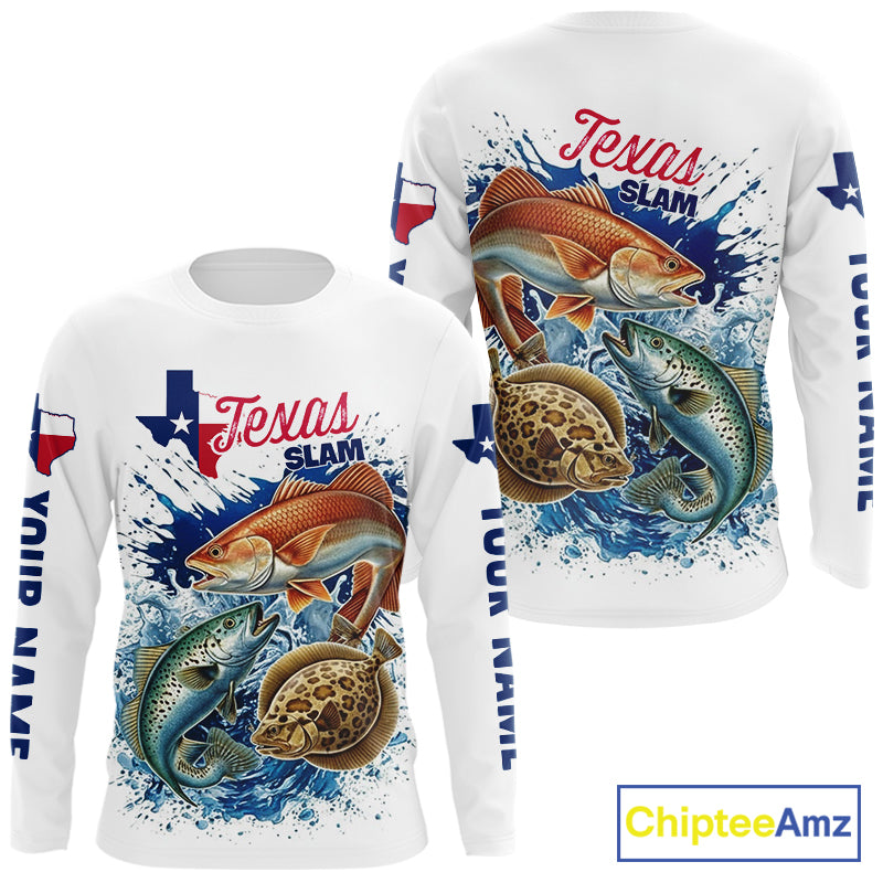 Texas Slam Fishing Redfish, Trout, Flounder Fishing Shirts Long Sleeve, Texas Flag Fishing Jerseys NBT445