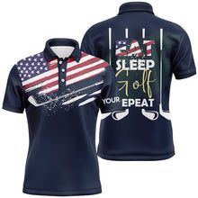 Load image into Gallery viewer, Eat Sleep Golf Repeat American Flag Mens Golf Polo Shirt, Custom Name Navy Golf Shirts For Men LDT0024