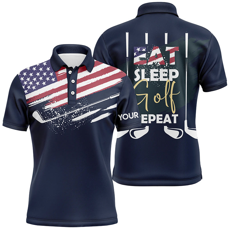 Eat Sleep Golf Repeat American Flag Mens Golf Polo Shirt, Custom Name Navy Golf Shirts For Men LDT0024