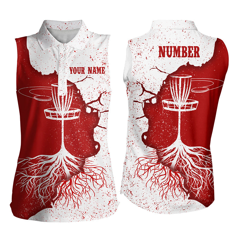 Womens Disc Golf Sleeveless Polo Shirt Red White Custom Disc Golf Shirts For Women Disc Golf Basket LDT1032