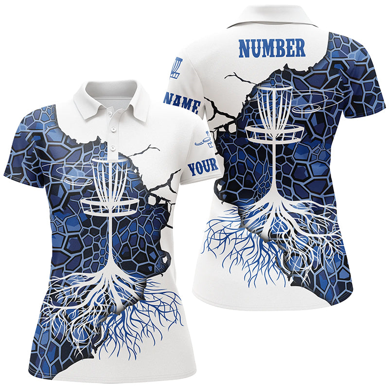 Blue Camo Womens Disc Golf Polo Shirt Geometric Custom Disc Golf Tops For Women Golf Gifts LDT1034