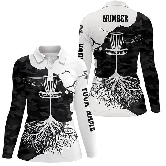 Black Camo Womens Disc Golf Polo Shirt Custom Black White Disc Golf Tops For Women Golf Gifts LDT1035