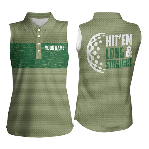 Hit 'Em Long & Straight Golf Course Pattern Sleeveless Polo Shirts Custom Green Golf Shirts For Women LDT0227
