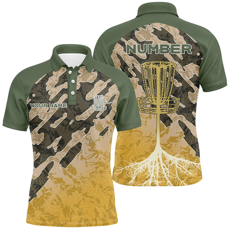 Customized Disc Golf Camo Forest Tribal Green Yellow Mens Golf Polo Shirt Disc Golf Gifts For Men LDT0842