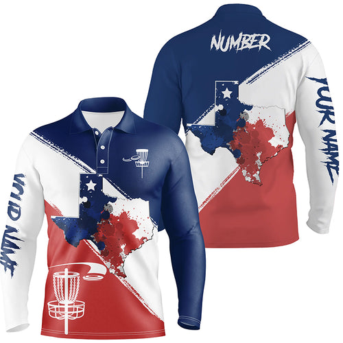 Texas Flag Watercolor Polo Disc Golf Shirts For Men Texas Map & Flag Patriotic Golf Gifts LDT0270