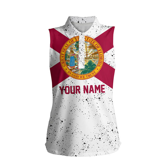 Florida Flag Personalized White Grunge Sleeveless Polos Patriotic Golf Shirts For Women Golf Gifts LDT0277