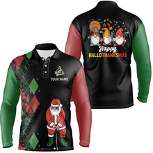 Load image into Gallery viewer, Happy Hallothanksmas Christmas Argyle Santa Playing Golf Mens Polo Shirt Funny Golf Tops LDT0594