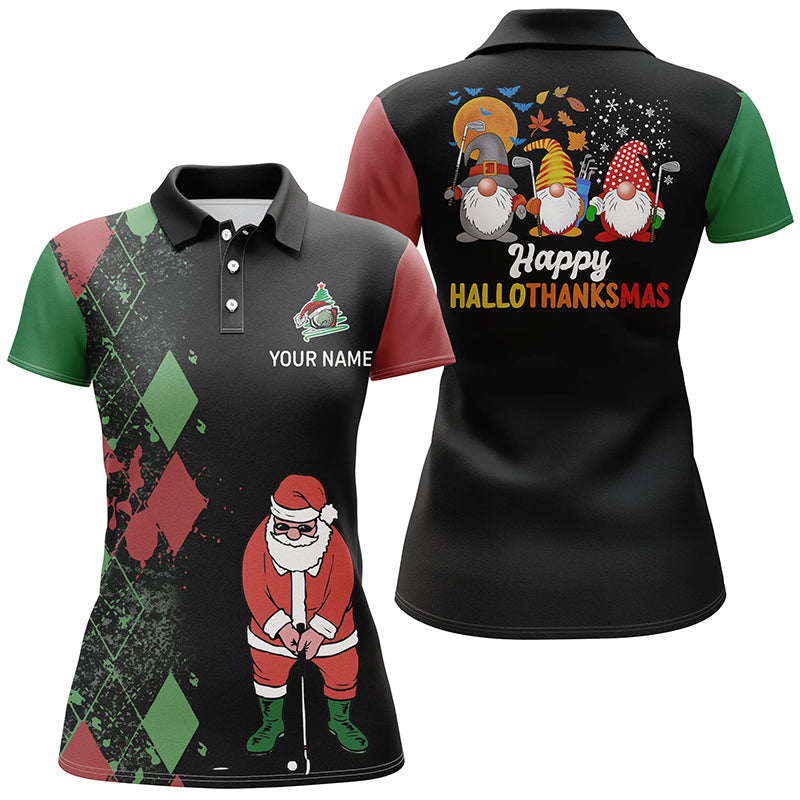 Happy Hallothanksmas Christmas Argyle Santa Playing Golf Womens Polo Shirt Funny Golf Tops LDT0594