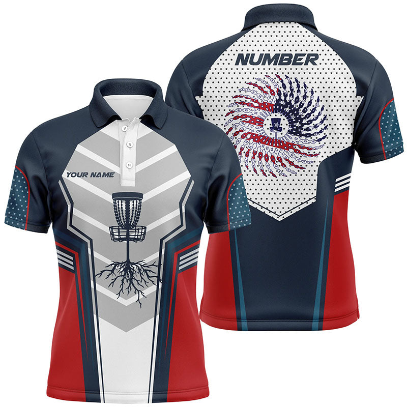 Mens Red White And Blue Golf Shirts, Custom Name And Number Disc Golf Shirts For Men, Cool Golf Gifts LDT0083