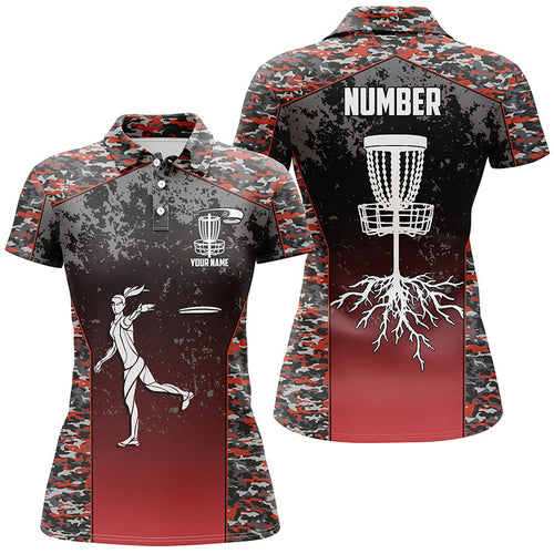 Red Camo Womens Disc Golf Polo Shirts, Custom Camouflage Golf Shirts For Women, Disc Golf Gifts LDT0091